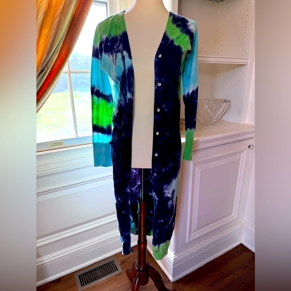 Brodie Cashmere WISPR Maxi Duster Open Cardigan BLUE GREEN tie dye size XS